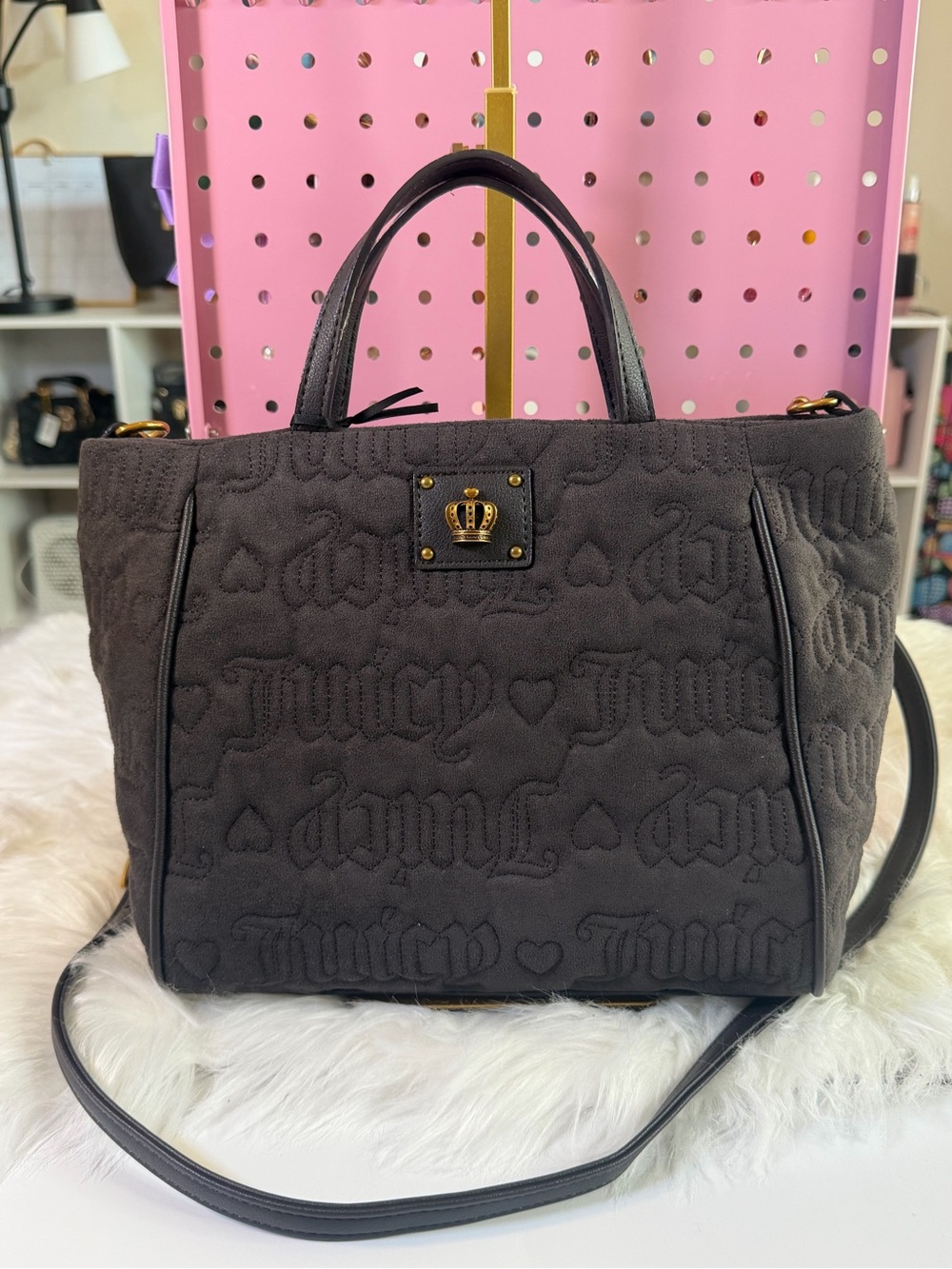 Juicy Couture Black Quilted Logo Satchel with Crown Plaque